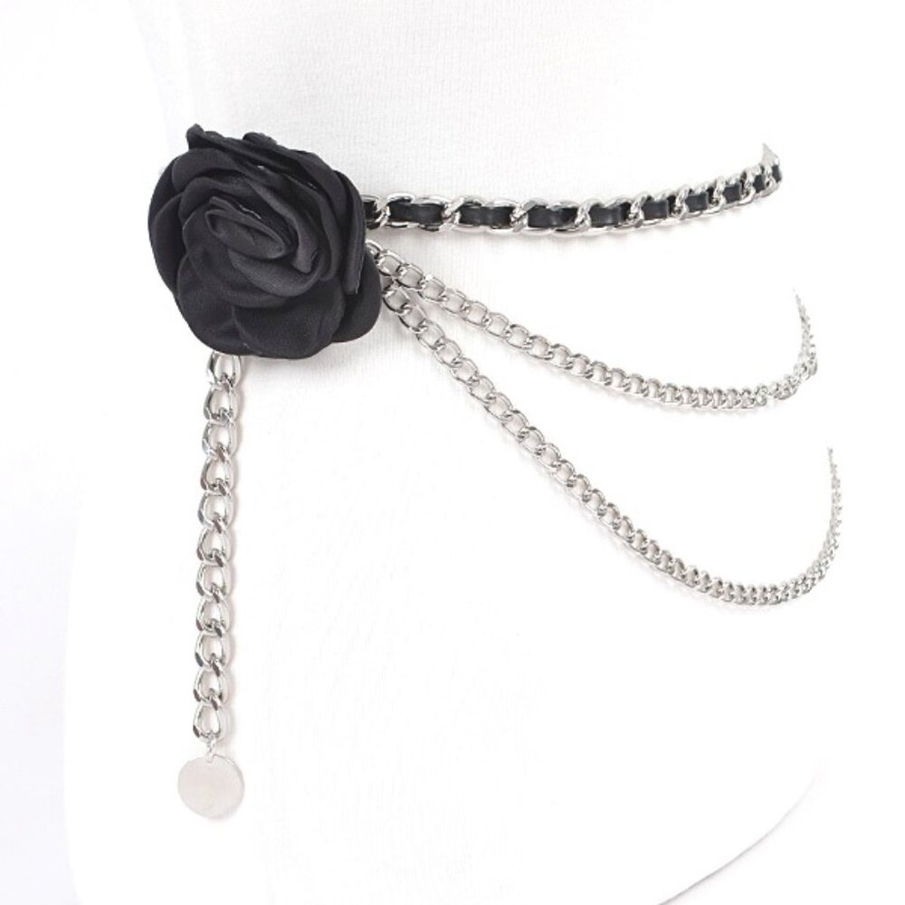 BNWT Plus Size Camellia Rose Designer Inspired Chain Belt Black Rose Chain Belt
